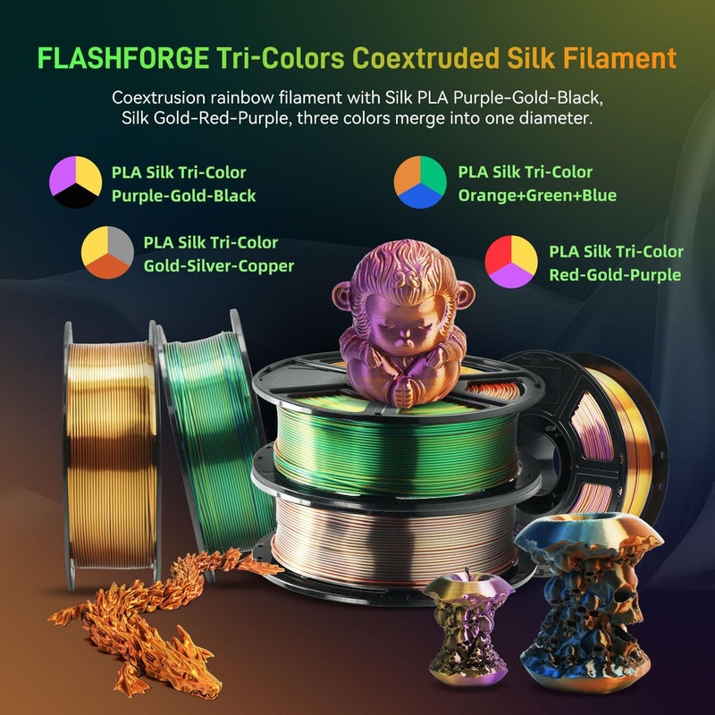 FLASHFORGE Silk Tri-Color PLA Filament 1.75mm, Coextrusion Black Gold Purple Triple Color Rainbow 3D Printer Filament, Enchanting Silk Finish with 360° Multicolor Shifting Color Effect - Image 2